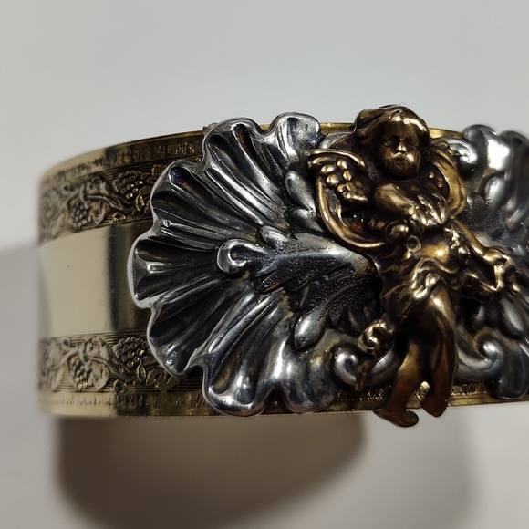Vintage Sonja Lea Gold, Silver and Brass Tone Cherub Wide Cuff Ornate Bracelet - Picture 15 of 16